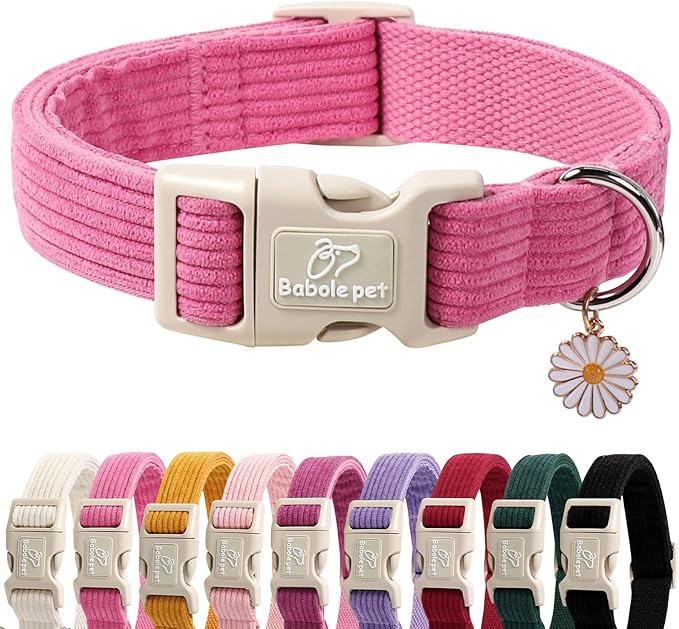 Cute Corduroy Dog Collar - Deep Rose Adjustable Dog Collars for Large Dogs 50-80lbs, Fade-Proof with Secure Snap & Little Charm, Christmas Birthday Gift, L