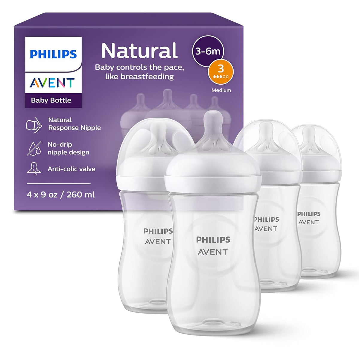 Philips Avent Natural Baby Bottles with Natural Response Nipples (Medium Flow, Flow 3), 9oz, 4-Pack, SCY903/04