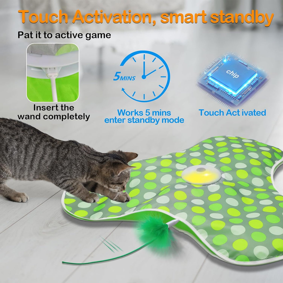 Interactive Cat Toys Rechargeable,Moving Concealed Feathers,Real Mouse Squeaky,Touch Activated Cat Kitten Toy Exercise Toys for Indoor Bored Adult Cats
