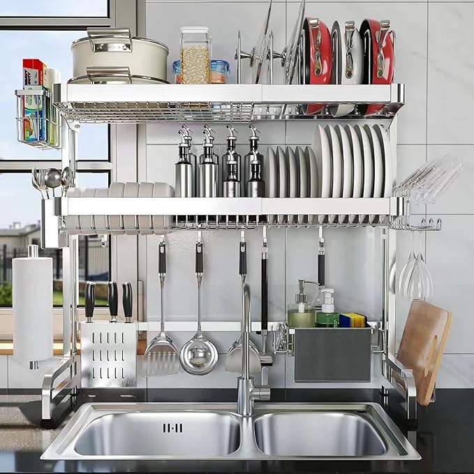 Over The Sink Dish Drainer Drying Rack, Full Stainless Steel 3-Tier Adjustable Length Over Sink Dish Drying Rack, Large Capacity Dish Rack Over Sink for Kitchen Counter, Pots & Pans Rack