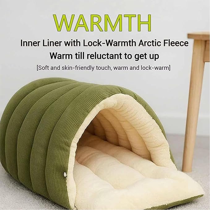 Expectation Cat Bed, Removable and Washable Winter Closed-Off Cat Bed, Soft Fluffy Warm Autumn/Winter Cats House, Washable Non-Slip Pet Sleeping Bag for Indoor Cats Small Dogs (Green,Large)