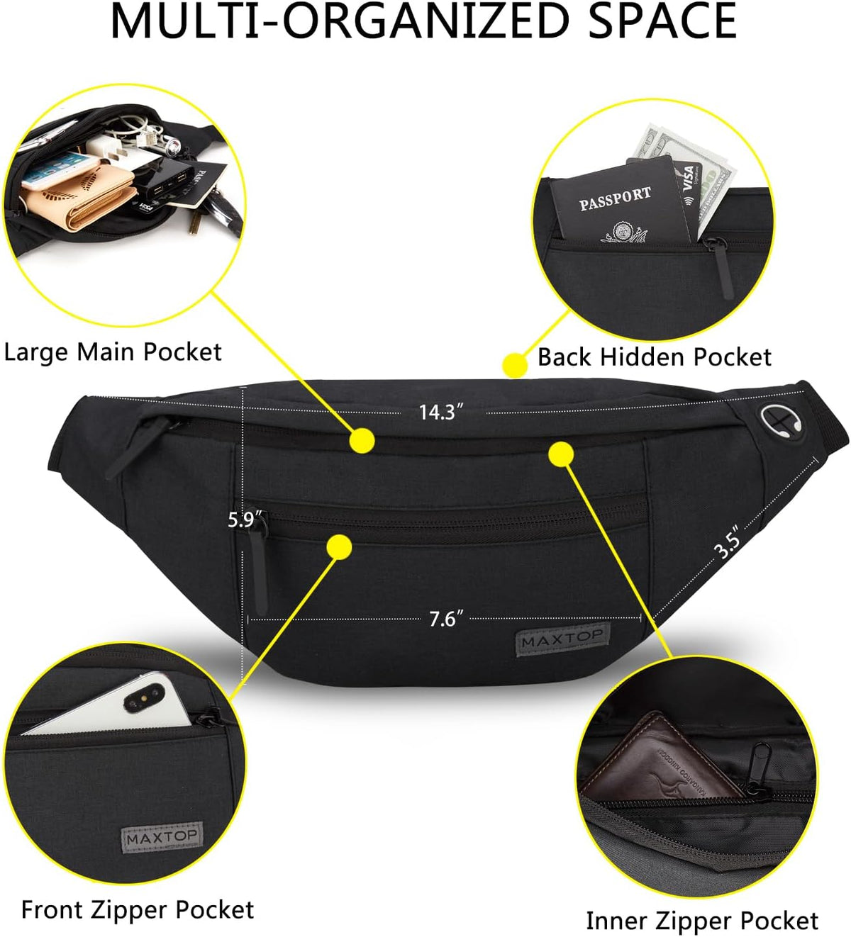 MAXTOP Large Crossbody Fanny Pack with 4-Zipper Pockets,Gifts for Enjoy Sports Festival Workout Traveling Running Casual Hands-Free Wallets Waist Pack Phone Bag Carrying All Phones