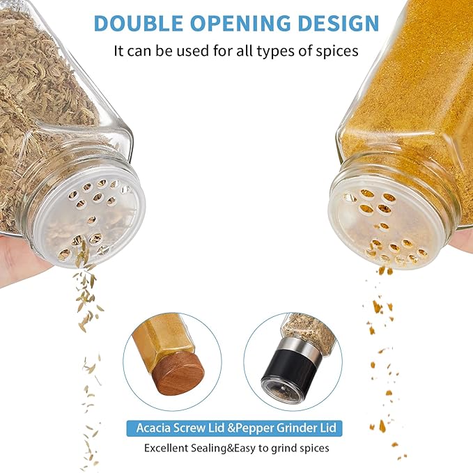 Yangbaga Glass Spice Jars with Labels: 34pc 4oz Square Seasoning Storage Containers with Airtight Wood lid,Pepper Grinder,Funnel; Empty Spice Organizer Bottles for Kitchen Rack Drawer Cabinet