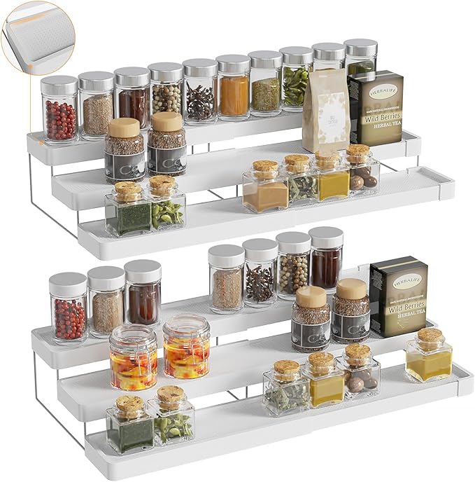 2 Pack Expandable Spice Rack Organizer for Cabinet - 3 Tier Adjustable Cabinet Spice Organizer Easy Visibility - Spice Organizer for Cabinet Countertop Cupboard Pantry Organization (White)