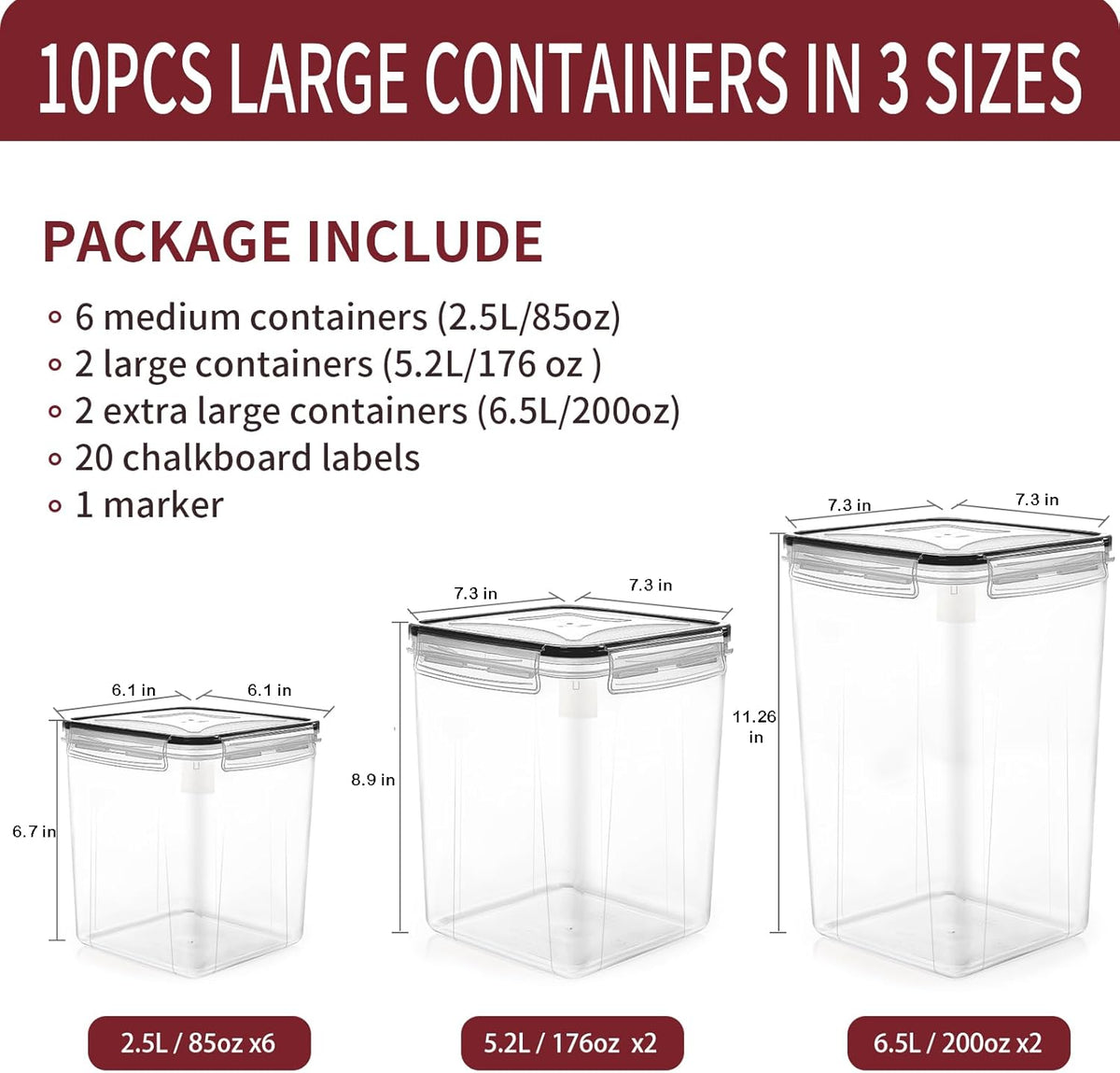 PRAKI Large Airtight Food Storage Containers with Lids, 10PCS Plastic Cereal Storage Containers, Kitchen & Pantry Organizers and Storage for Sugar, Flour, Baking Supplies with Lables & Mark