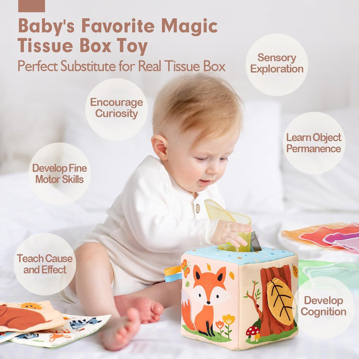 hahaland Baby Tissue Box Toy - Baby Toys 6-12 Months Stocking Stuffers for Babies Montessori Toys for 6 Month Old Must Haves - Boy Girl Shower Gifts 6 9 12 18 Months Old Sensory Pulling Play Scarf Toy