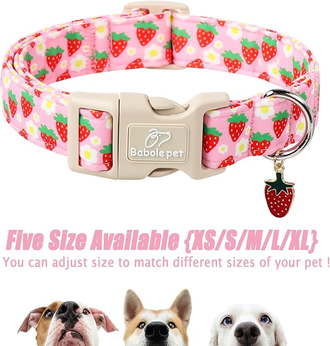 Cute Spring/Summer Dog Collar, Adjustable Pink Strawberry Dog Collars for Small Dogs, Lightweight Quick-Release Buckle Collar for Boy&Girl Dogs S