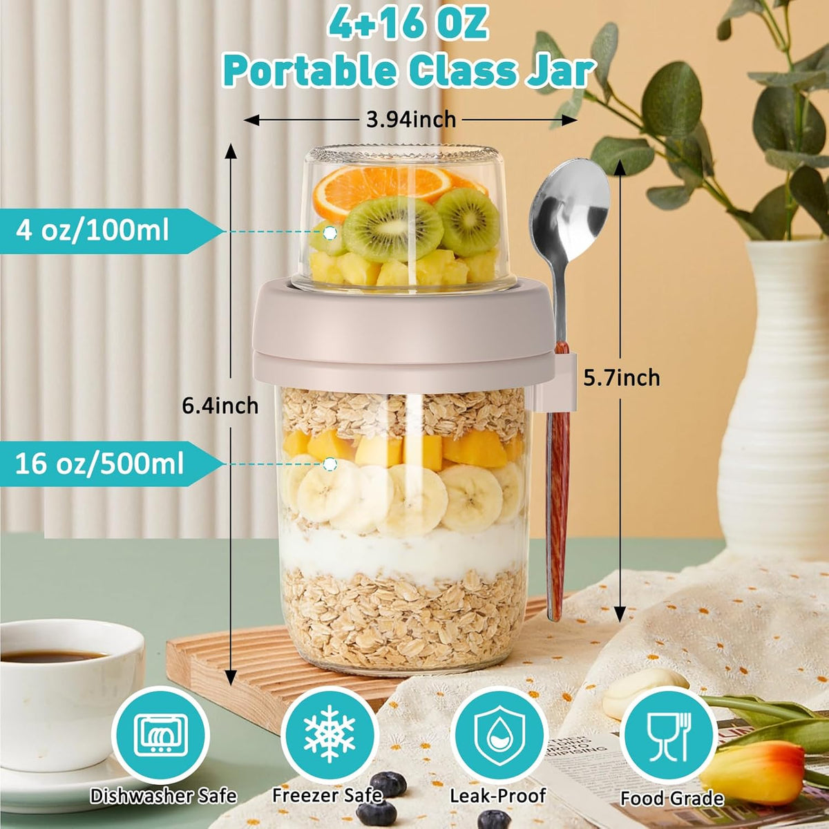 4 Pack Overnight Oats Containers with Lids and Spoons, 20 oz (16+4) Overnight Oats Jars with Dry and Wet Separation for Oatmeal Cereal Fruit Salad Yogurt, Dual-Layer Yogurt Containers with Lids