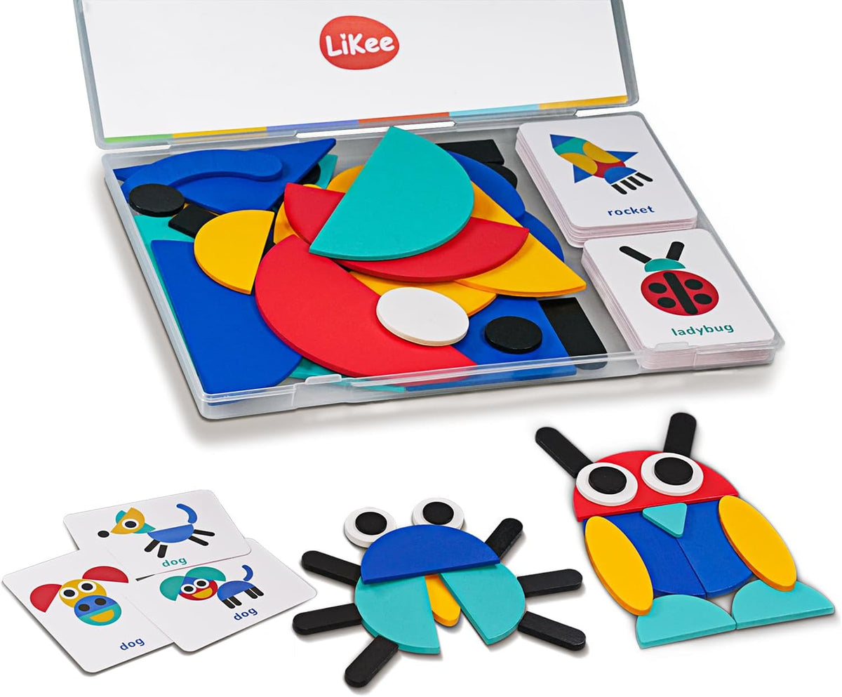 LiKee Open Ended Wooden Shape Puzzles (36 Blocks&60 Cards) for Toddlers 3+ Years Old, Montessori Development Toys Preschool Education Activity Travel Toy Board Games for Kids 4-8 Yrs