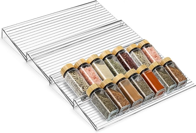 Spice Drawer Organizer, 4 Tier Clear Acrylic Drawer Seasoning Organizer Rack, Kitchen Seasoning Jars Drawers Insert, Expandable 11" to 22" Spice Rack Tray for Cabinet/Countertop (Jars Not Included)