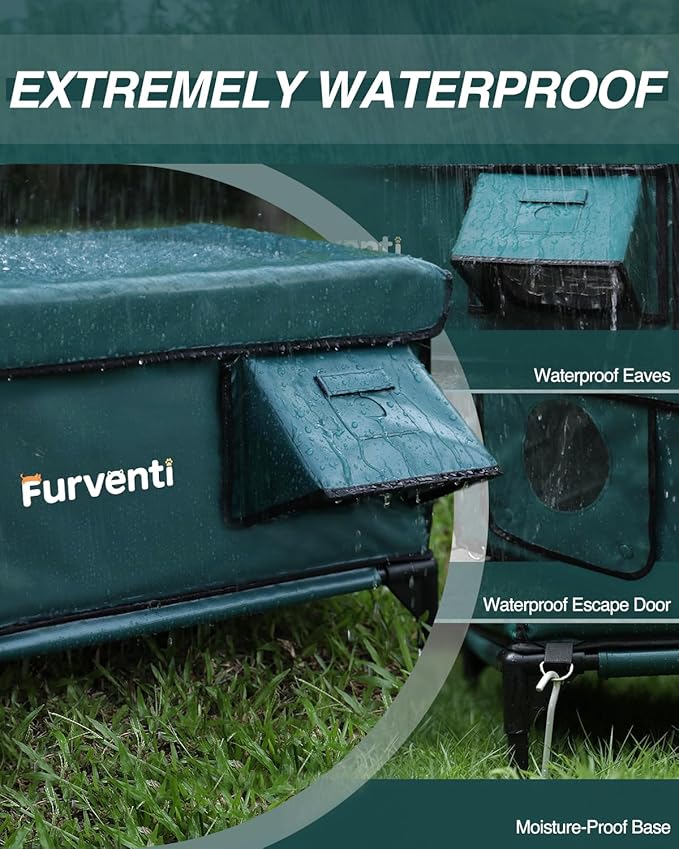 Outdoor Heated Cat House in Winter,Extremely Insulated & Weatherproof,Elevated Feral Cat Shelter with Waterproof Eaves & Escape Door for Outside Stray Barn Cat (Dark Green,L)