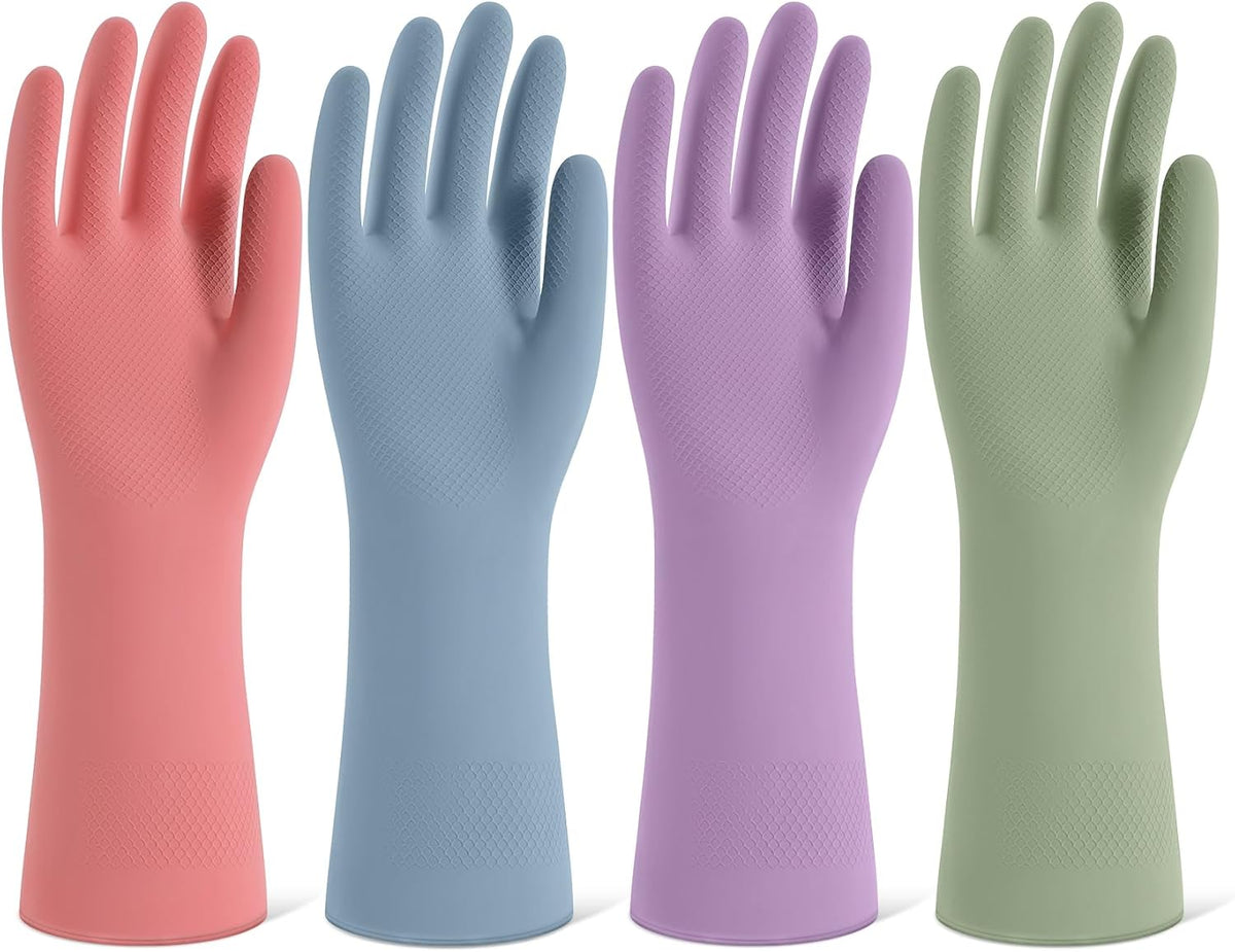 Rubber Cleaning Gloves for Dishwashing, 4 Pairs Reusable Kitchen Gloves for Washing Dishes and Household Cleaning, Colorful Dish Gloves with Flocked Lining and Non-Slip Grip, Pefect for Woman Men - M