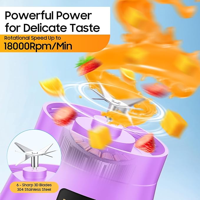 Portable Blender for Smoothies and Shakes - Cordless Personal Blender with 380Ml BPA Free Travel Cup, 6 Stainless Steel Blades for Powerful Blending, Suit for Sports/Travel/Home