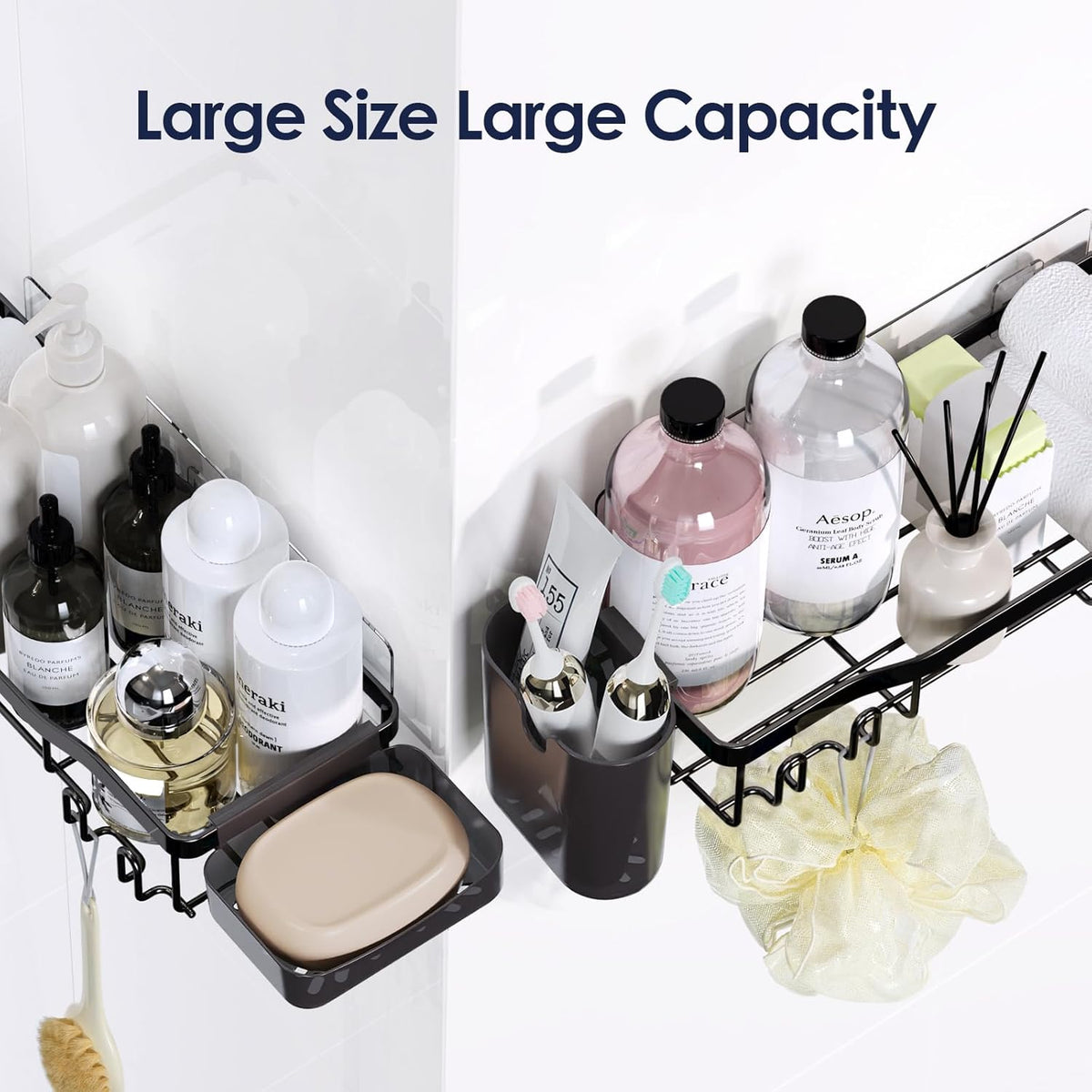 Shower Caddy Adhesive Shower Organizer 7-Pack, Rustproof Stainless Steel Bathroom Shelves, Large Capacity No-Drill Rack Storage Accessories with Soap Dish Toothbrush Holder &24 Hooks Home Decor