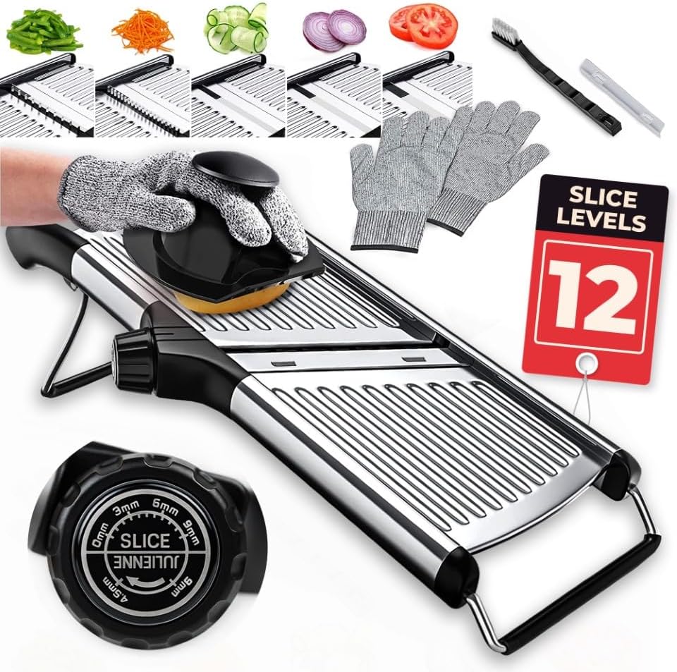 Gramercy Adjustable Mandoline Food Slicer, Mandoline Slicer for Kitchen, Mandolin, Potato, Tomato, Carrot, Vegetable, Fruit and Onion Cutter - Stainless Steel - INCLUDING 1 Pair Cut-Resistant Gloves