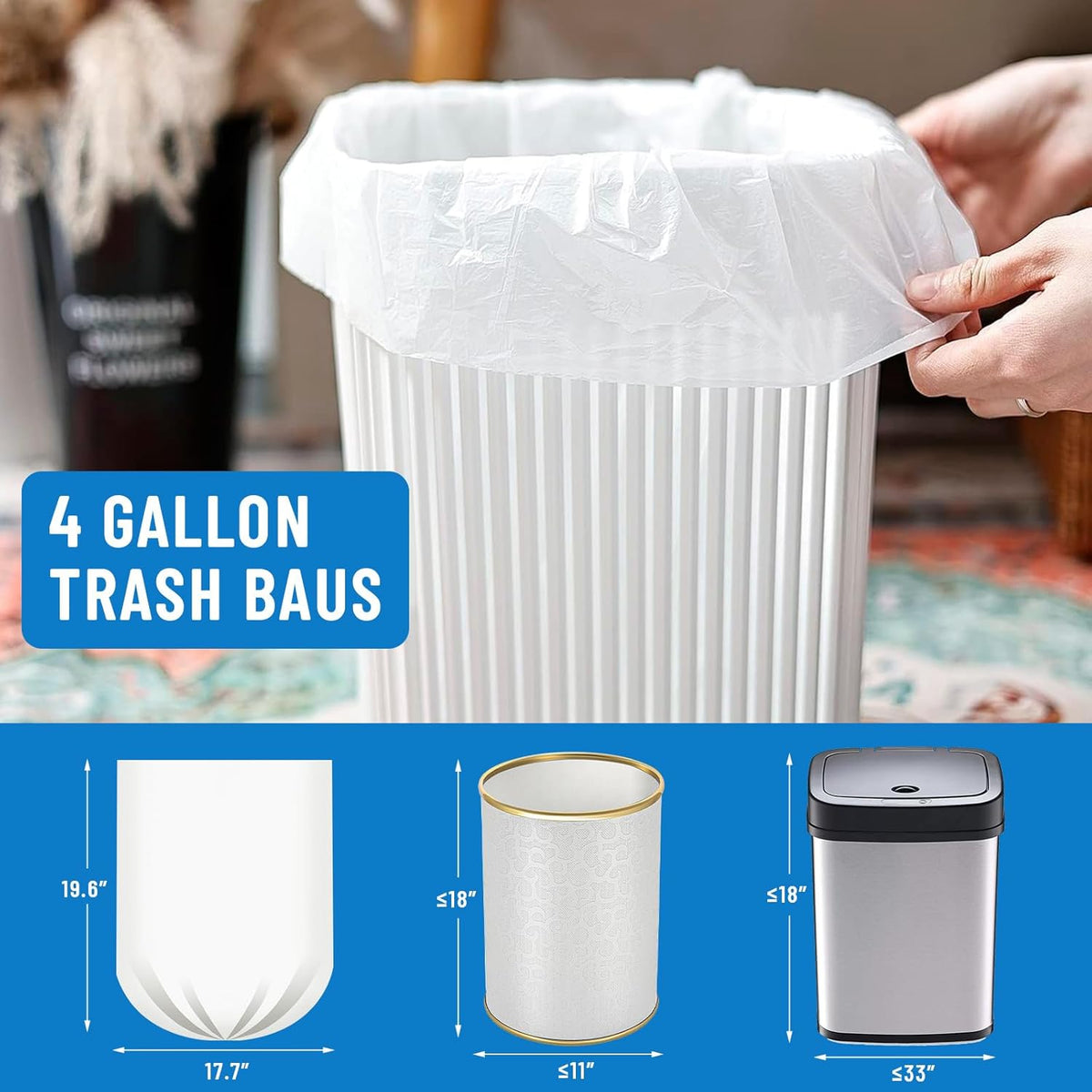 LainNeala Small Trash Bags 4 Gallon, 100 Count Small Garbage Bag Bathroom White Mini Trash Bag Trash Can Liners Unscented Small Garbage Bags for Bathroom Can