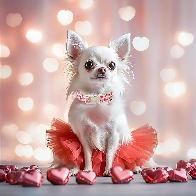 Valentines Dog Collar for Small Dogs - Pink Valentine Hearts Dog Collars, Girly Love Female Dogs Collars, Lightweight Adjustable Cute Puppy Collar with Quick-Release Buckle S