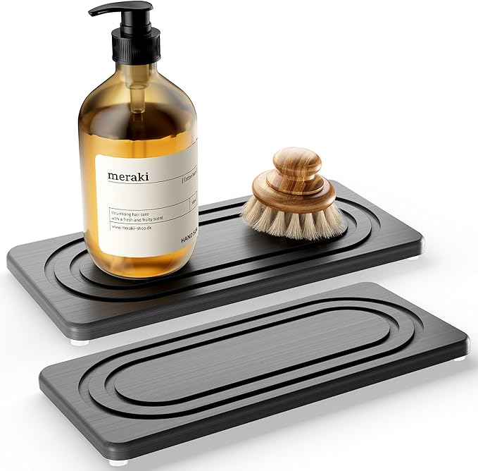 Water Absorbing Stone Tray for Sink, Quick Drying Diatomite Bathroom Tray Countertop, Stone Drying Mat for Kitchen Counter Faucet, Soap Dish Dispenser Vanity Organizer, Dark Grey-B-8.3" x 4"