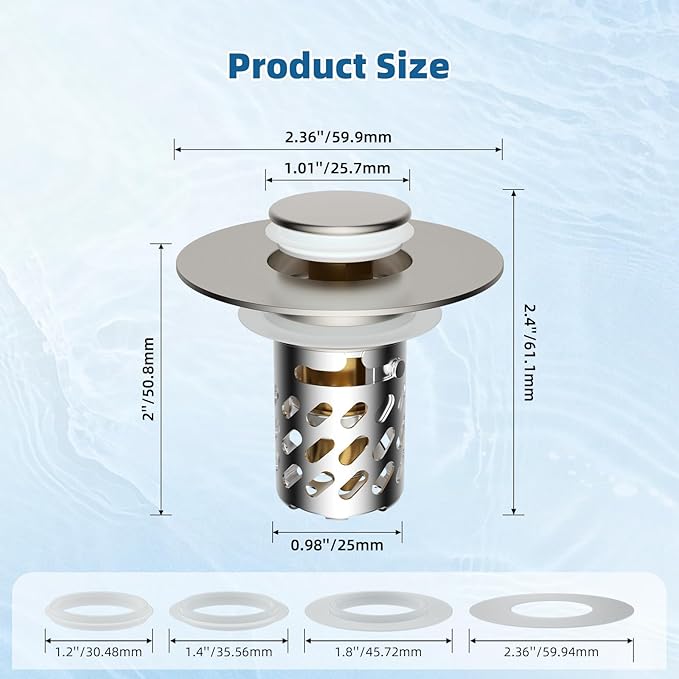 iFealClear All Metal Bathroom Sink Stopper, Pop Up Sink Drain Strainer with Removable Stainless Steel Filter Basket, Universal for 1.1"-2.36" US Sink, Brass Bounce Core, Hair Catcher, Brushed Nickel