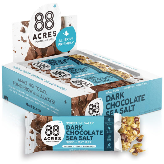88 Acres Granola Bars, Dark Chocolate Sea Salt, 12 Count, School Safe, Allergen Free Seed & Oat Snack Bar, Gluten & Nut Free, Vegan, Non-GMO & Kosher, Individually Wrapped