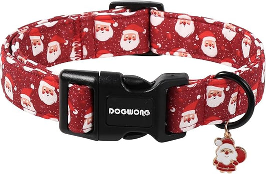 DOGWONG Christmas Dog Collar, Red Santa Claus Print Cute Dog Collars Winter Holiday Male Female Adjustable Puppy Collar for Small Dogs