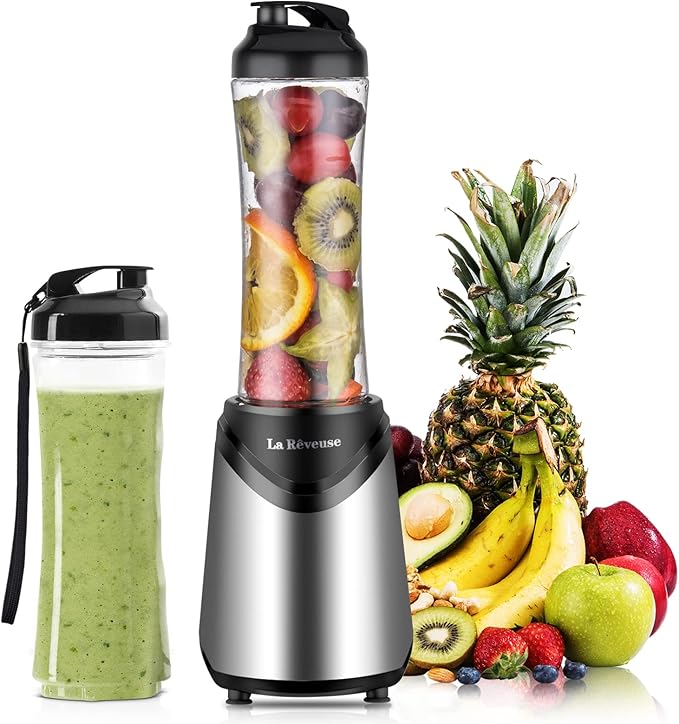 La Reveuse Smoothie Blender Personal Size 300 Watts with 2 Pieces 18 oz BPA-Free Travel Sports Bottles (Silver)