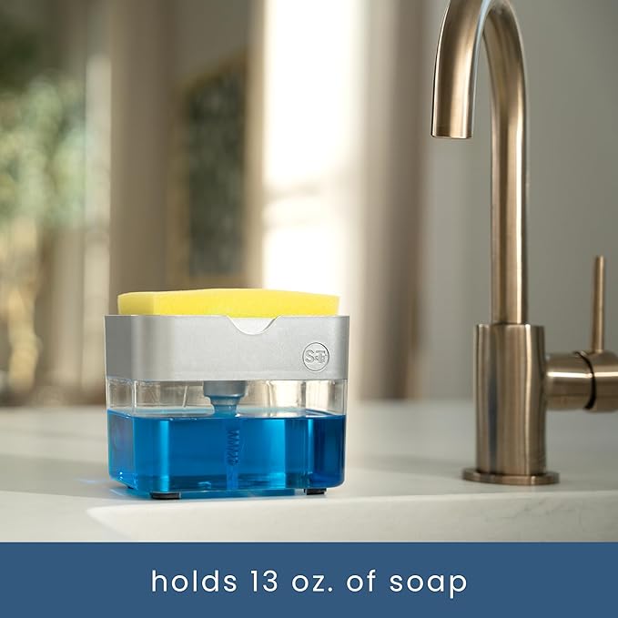 S&T INC. Dish Soap Dispenser and Sponge Holder for Kitchen Sink with Enhanced Features, Sponge Included, 13 Ounces, Silver