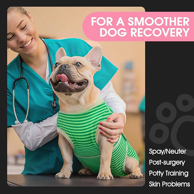 FUAMEY Dog Recovery Suit Male,Dogs Surgery Neuter Suits Puppy Spay Shirts for Female Protect Dog's Skin Anti Licking Abdominal Wounds Doggie Onesie Pet Bodysuit Alternative to Cone Green Stripes S