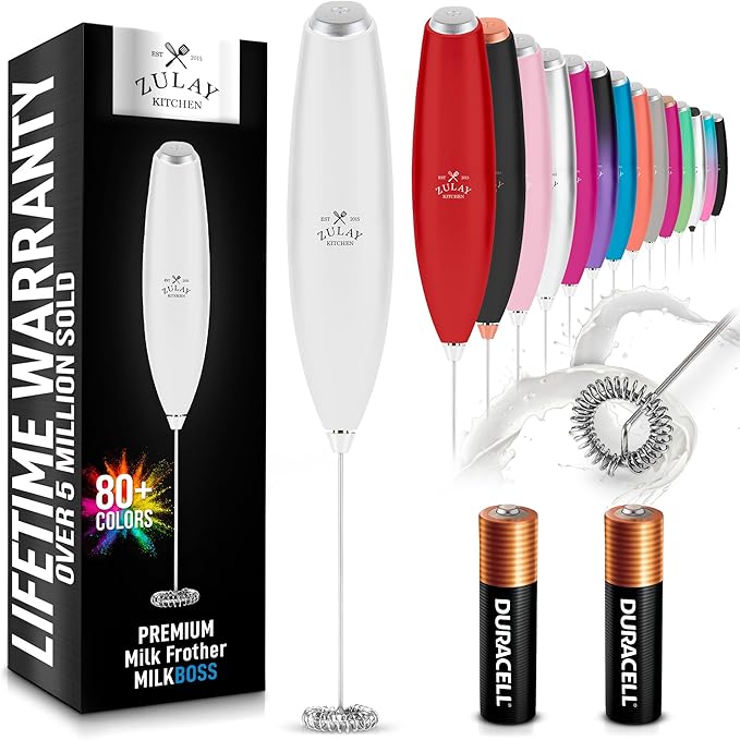 Zulay Kitchen Milk Frother Handheld Electric Whisk with AA Duracell Batteries – Durable Drink Mixer for Coffee, Lattes, Cappuccinos & More - White