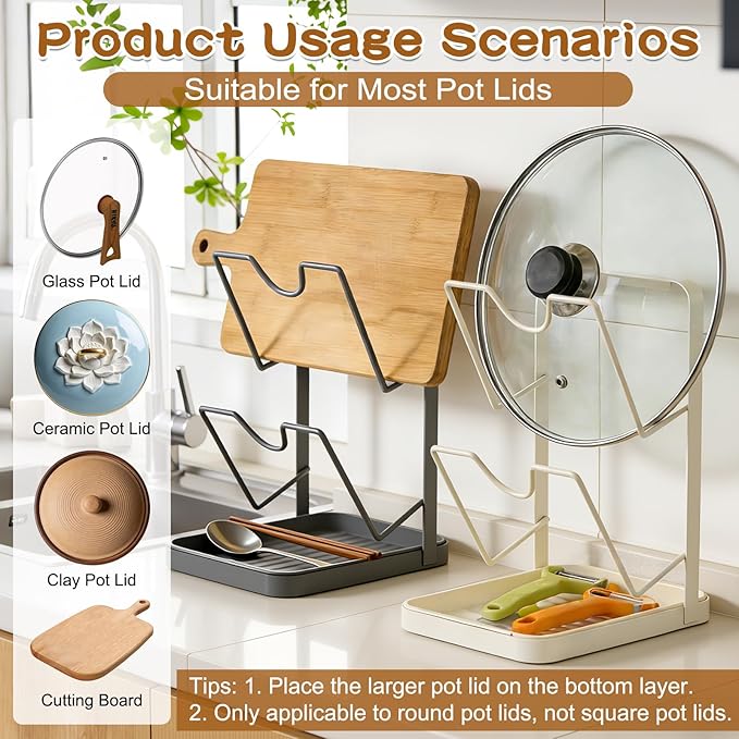 Kitchen Pot Lid Storage Rack, Pot Lid Organizer, Stainless Steel Pot Lid Holder while Cooking, Multifunctional Kitchen Pot Cover Organizer for Countertop (Black)
