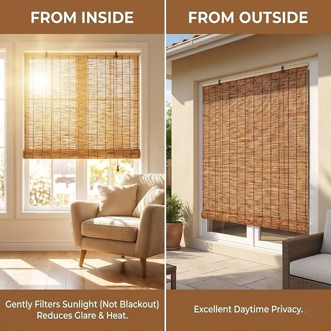 Bamboo Roman Shades for Windows 27 inch 30 inch 34 inch 46 inch Cordless Bamboo