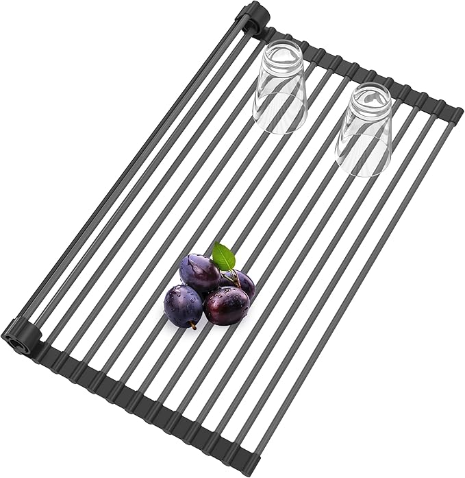Roll Up Dish Drying Rack, Silicone Wrapped Over The Sink Multipurpose Foldable Dish Drainer Anti-Slip Coated Stainless Steel Dish Racks for Kitchen Counter, Sink Drying Rack (Black, 17.3" x 12.4")