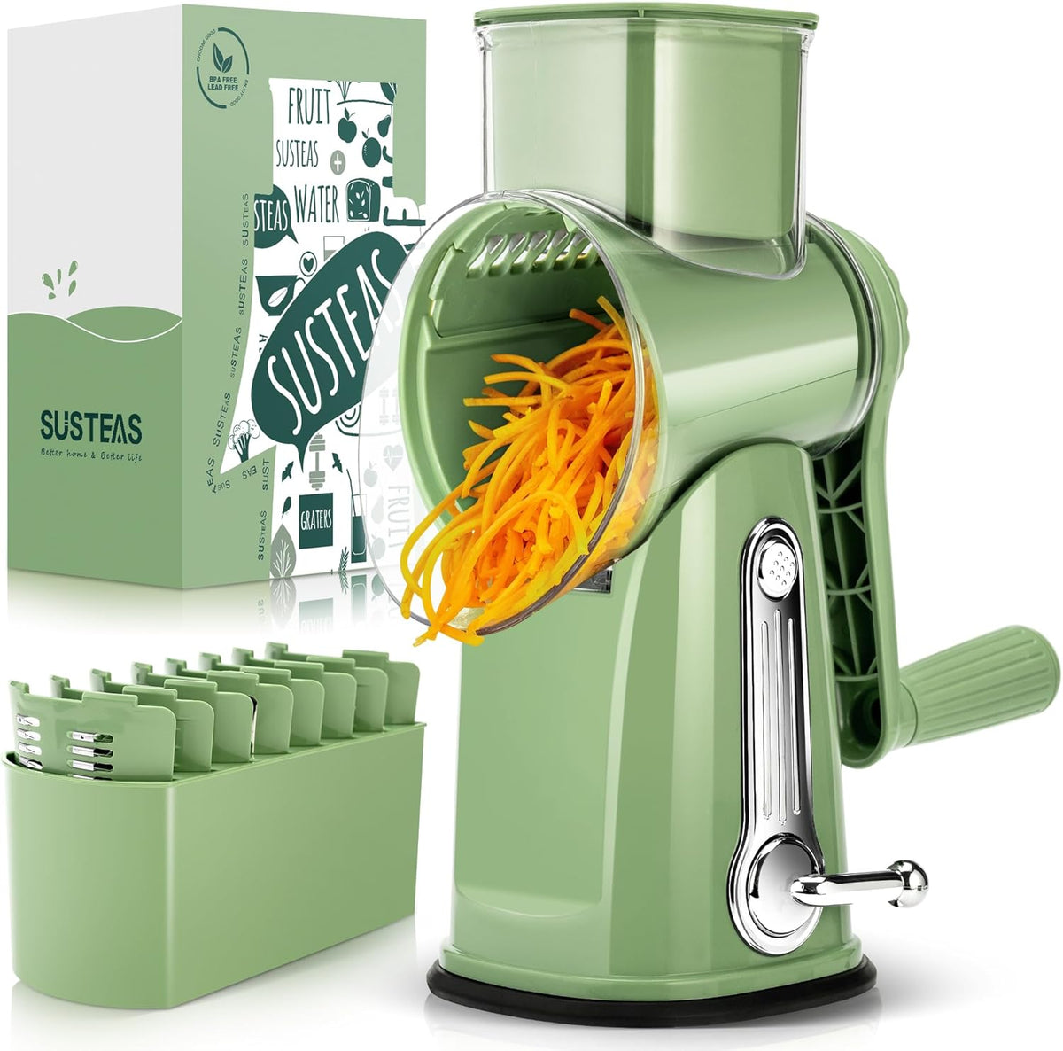 SUSTEAS Rotary Cheese Grater with Handle - Vegetable Shredder with 5 Well-designed Blades & Strong Suction Base,Round Mandoline Slicer & Food Chopper for Kitchen,with Blade Storage Box(Retro Green)