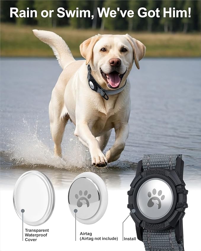 TagME Airtag Dog Collar,Waterproof Reflective Pet Collar with Airtag Holder,Soft Padded and Double D-Rings for Extra Large Dogs,Grey
