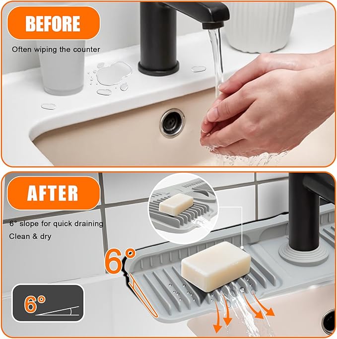24" Silicone Faucet Mat for Kitchen Sink,7° Draining Mat with Snap Button Lock,Faucet Splash Guard and Sink Counter Organizer,Trim-to-Fit Kitchen Faucet Protector for Sponge Brush Cup