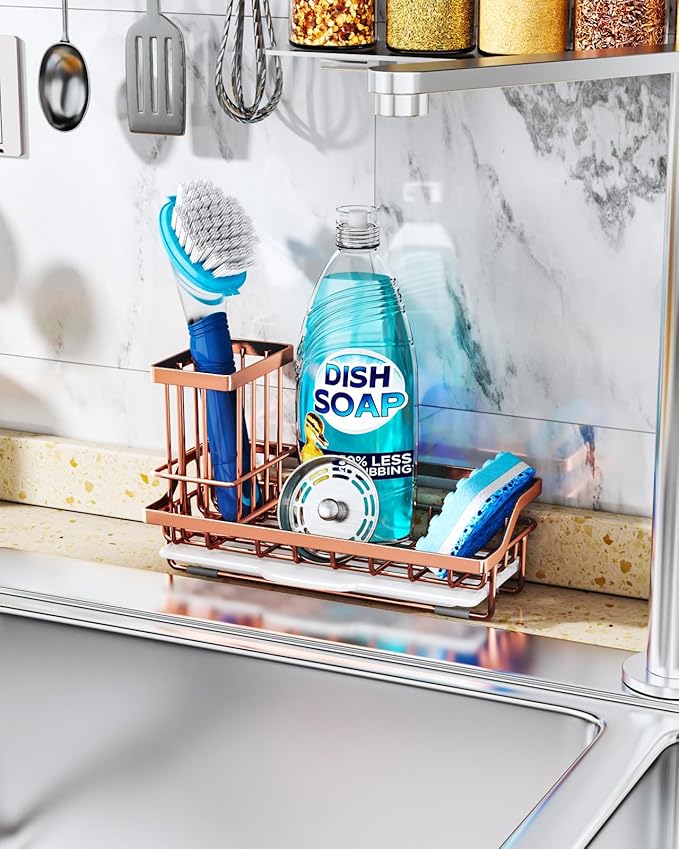 Consumest Sponge Holder for Kitchen Sink - Sink Caddy Kitchen Organizer with Removable Drip Tray for Countertop Dish Soap Dispenser Brush Storage Accessories 304 Stainless Steel, Rose Gold
