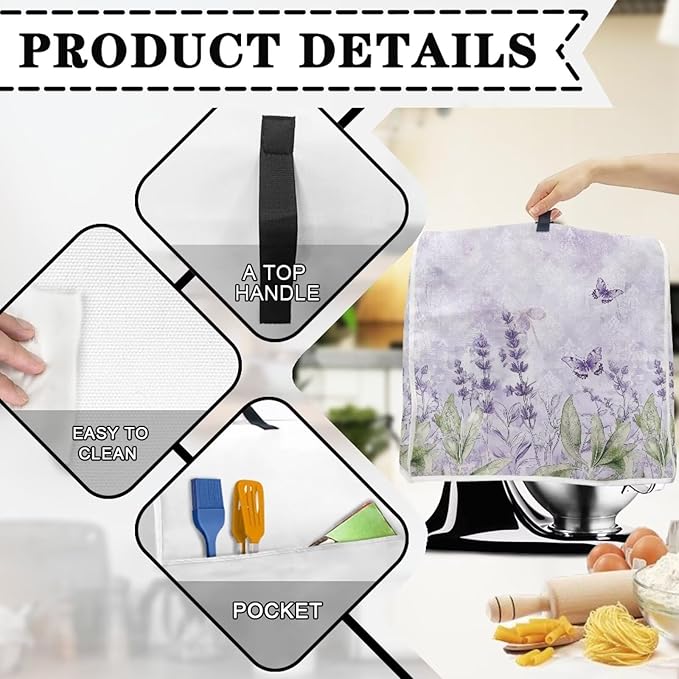 Boho Flower Dragonfly Kitchen Stand Mixer Cover for 4.5-5 Quart Blenders with Carry Handle & Pockets Stain-Resistant Polyester Small Kitchen Appliance Protector Cover for Countertops