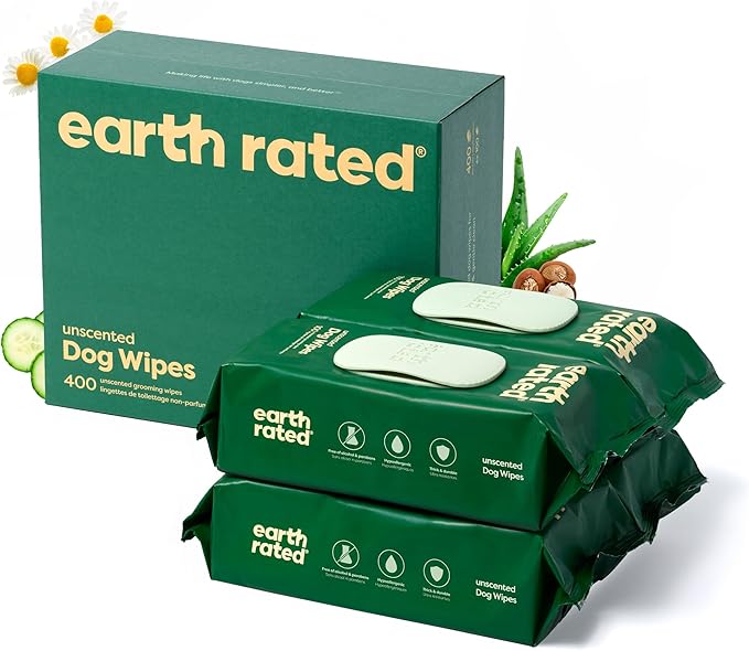 Earth Rated Pet Wipes for Dogs and Cats, Hypoallergenic, Cleaning and Hydrating, for Grooming Paws, Body and Butt, Unscented, 400 Count