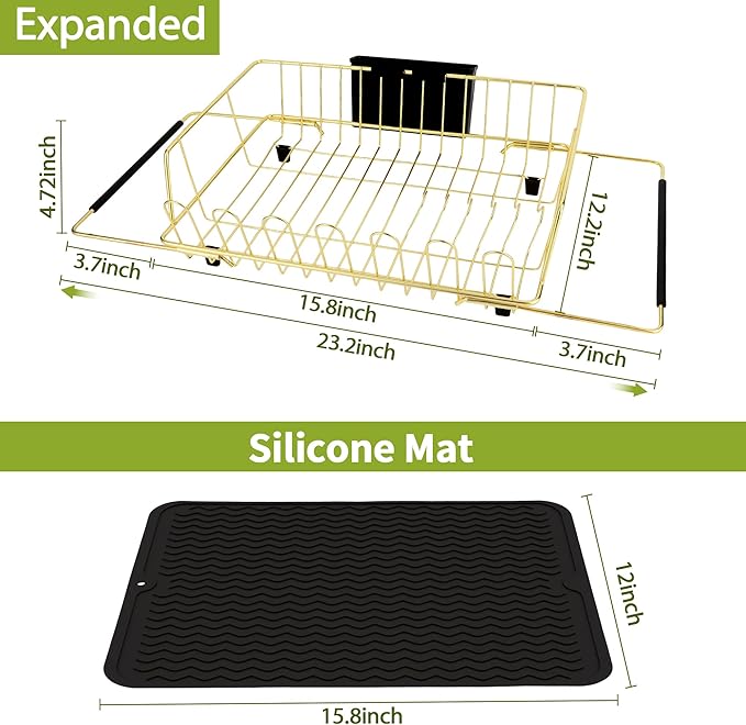 Golden Expandable Dish Drying Rack-Extra Large Stainless Steel Dish Drainer Over The Sink for Kitchen Countertop with Utensil Holder, Applicable for Sink Width 16'-22' (Gold,23.2'*12.2')