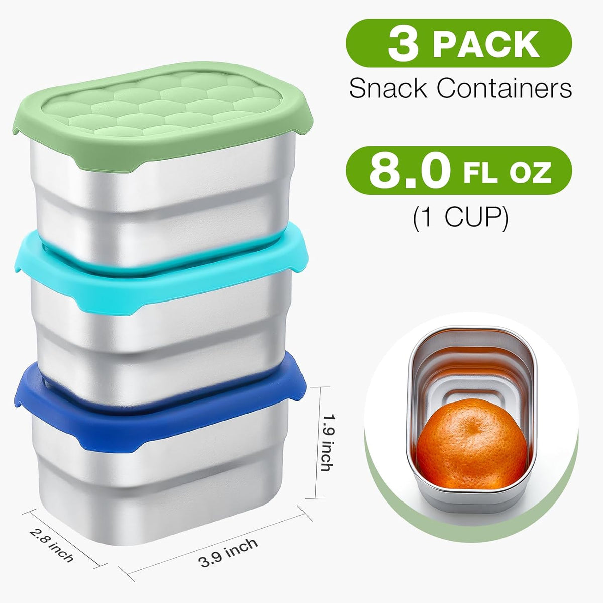 3 Pack Stainless Steel Snack Containers for Kids, 8 oz Easy Open Leak Proof Small Toddler Snack Containers with Silicone Lids, Stackable Metal Lunch Box for Daycare and School (Blue)