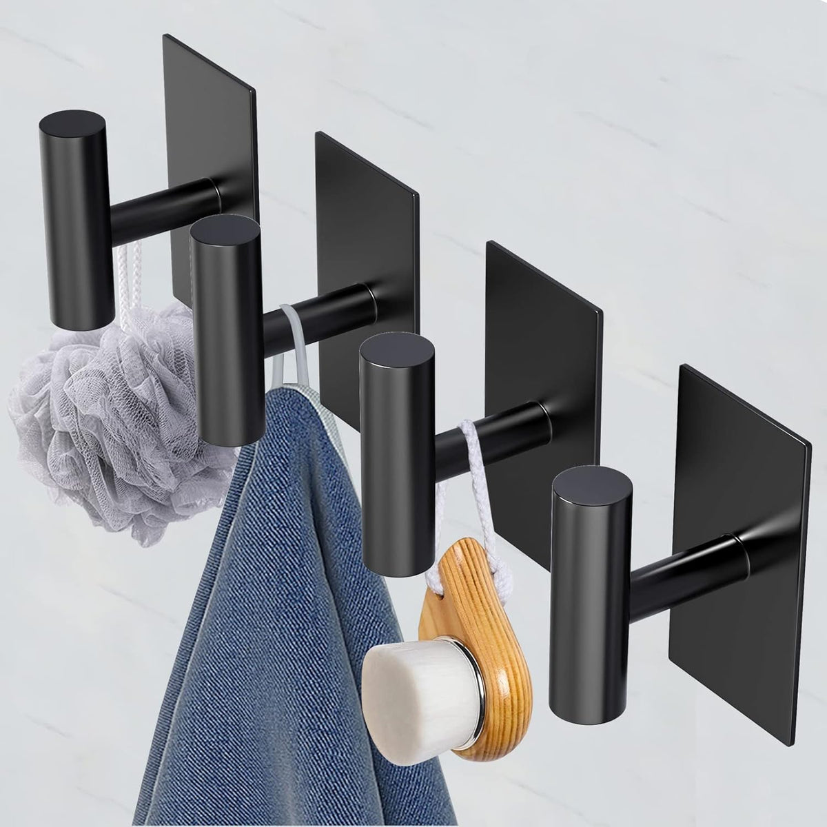 VAEHOLD Wall Towel Hooks, Heavy Duty Sticky Holder Waterproof Towel Hooks for Hanging Coat, Clothes, Closet Hook Wall Mount for Kitchen (Black, 2 Pack)