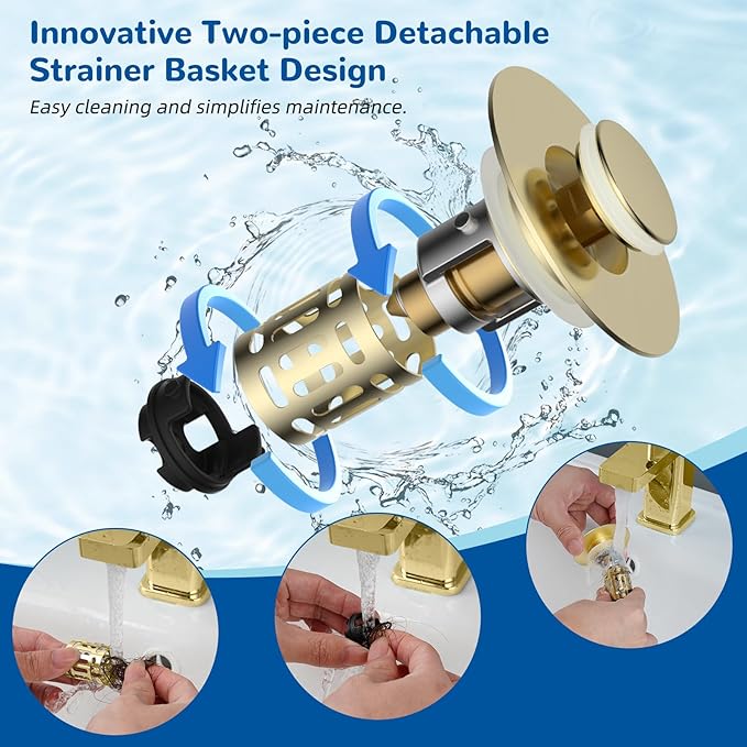Hibbent 2 Pack Upgraded 3 in 1 Bathroom Sink Drain Strainer, Universal Pop Up Stopper with Removable Stainless Steel Filter Basket Hair Catcher, Sink Plug for 1.1''~2.36'' Basin, Brushed Gold