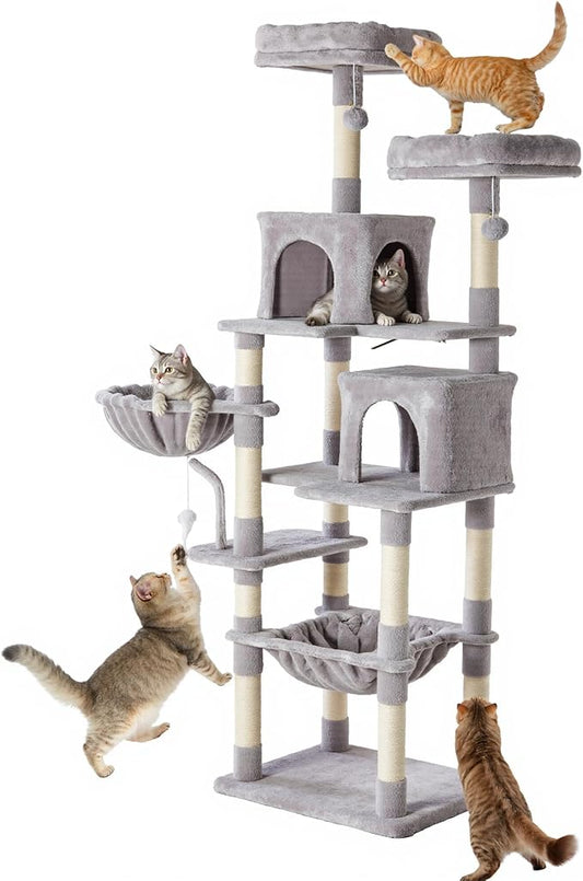 Large Cat Tree 71 Inch, Multi-Level Tall Cat Tree Tower with Condo, Perches, Sisal Scratching Posts and Hammock, Pet Play House with Dangling Balls for Indoor Cats, Light Grey