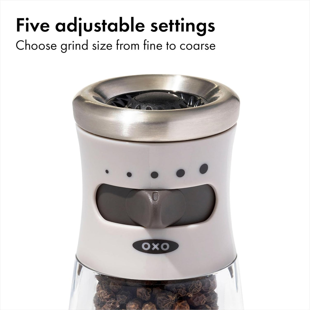 OXO Good Grips Contoured Mess-Free Pepper Grinder, Adjustable Ceramic Grinder with Five Settings, Black Pepper Mill for Home and Kitchen, Spice Tool and Kitchen Gadget