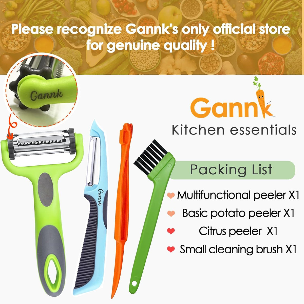 GANNK Potato Apple Vegetable Peelers for Kitchen, I and Y Peelers for Fruit Veggie Potatoes Carrot Cucumber, 3 in 1 Blade Spin Design With Julienne Function