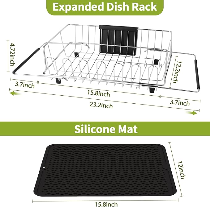 in Sink Expandable Dish Drying Rack with Silicone Mat-Extra Large Stainless Steel Dish Drainer Over The Sink with Utensil Holder, Applicable for Sink Width 16'-22' (Silver,23.2'*12.2')