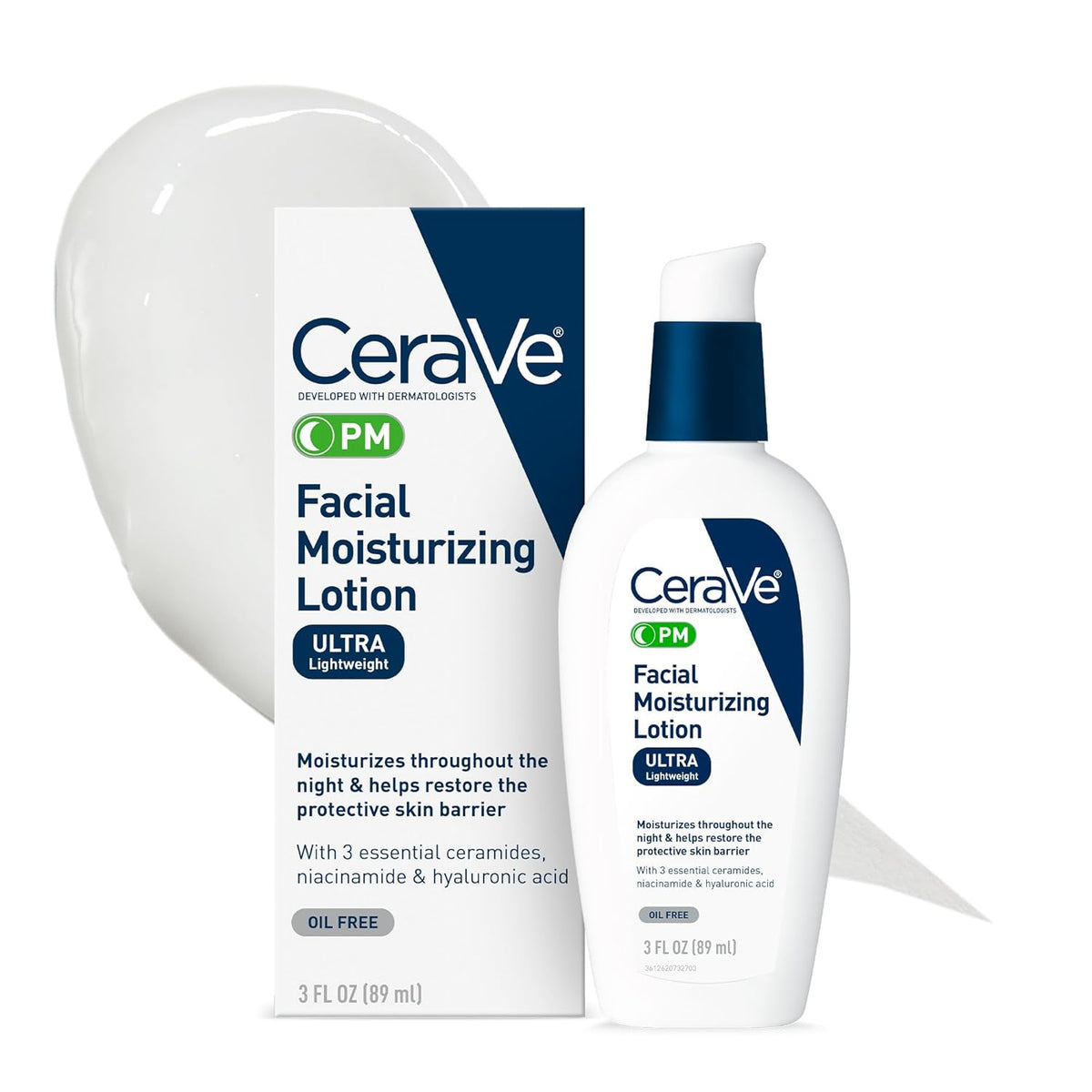 CeraVe PM Facial Moisturizing Lotion, Night Cream with Hyaluronic Acid and Niacinamide, Ultra-Lightweight, Oil-Free Moisturizer for Face, 3 Ounce