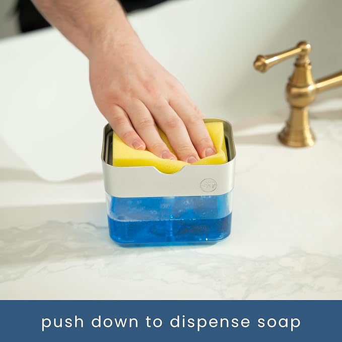 S&T INC. Dish Soap Dispenser and Sponge Holder for Kitchen Sink with Enhanced Features, Sponge Included, 13 Ounces, Silver