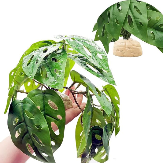 Reptile Plants for Terrarium Decor,Amphibian Habitat Decor, Bearded Dragon Tank Accessories,Artificial Plants for Gecko Chameleon Snake Tortoise with Base (Swiss Cheese)