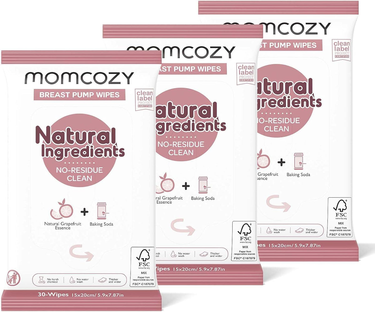 Momcozy Natural Breast Pump Wipes for Pump Parts Cleaning On-the-go, 30 Count (Pack of 3), Flash Clean & Resealable Pump Wipes
